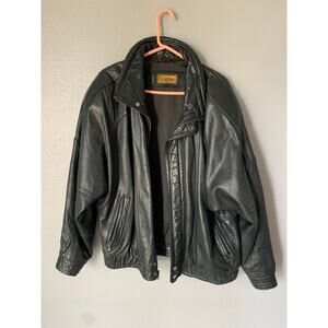 Vintage 90s Cognac Black Leather Bomber Jacket Size L Made in Korea